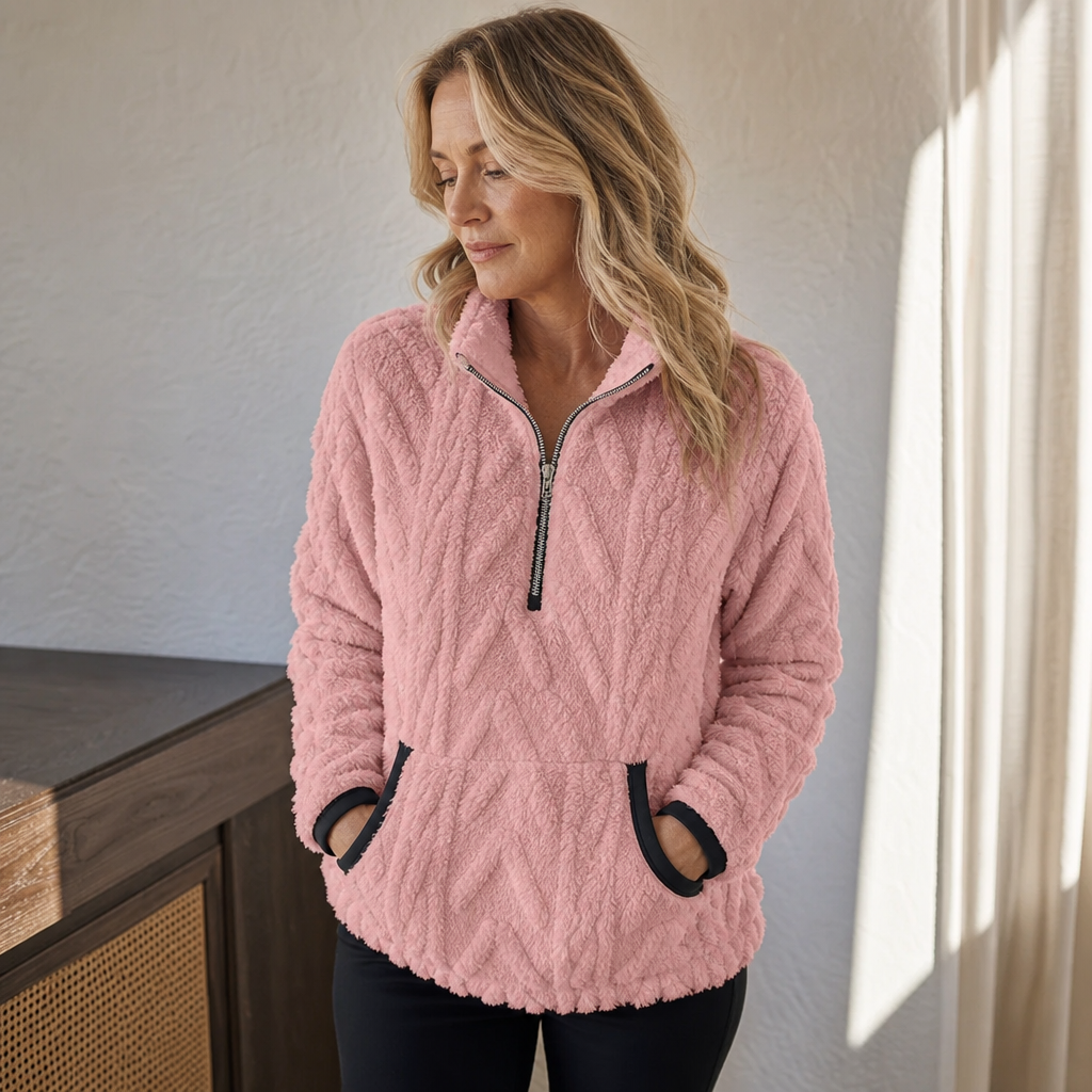 Thea ivory half-zip fleece pullover sweater, close-up front view