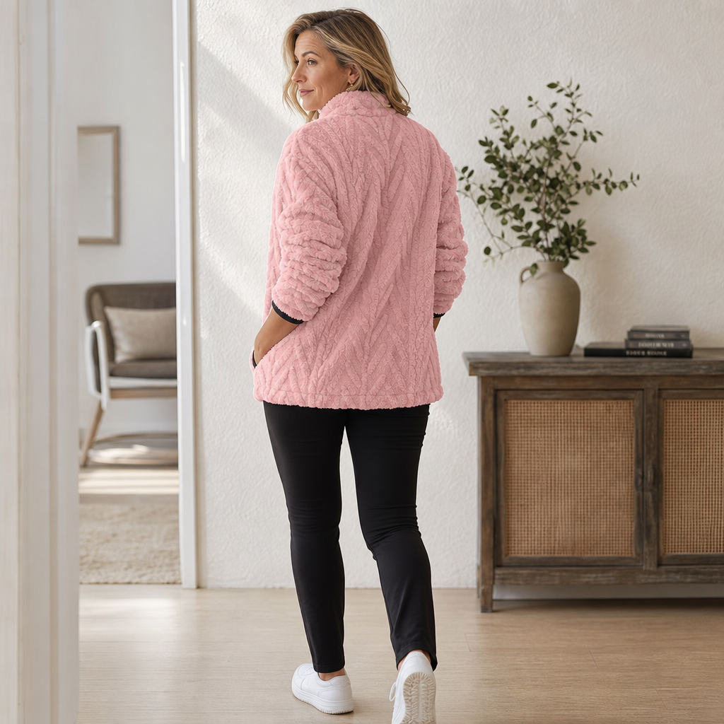 Thea ivory half-zip fleece pullover sweater, close-up front view