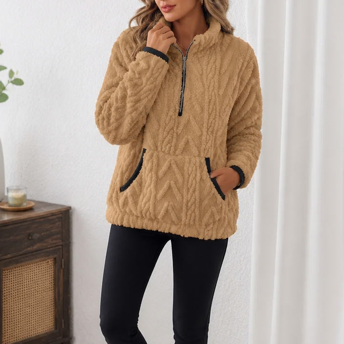 Thea camel half-zip fleece pullover sweater with kangaroo pocket, front view