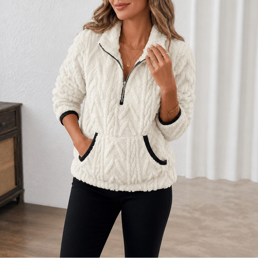 Thea ivory half-zip fleece pullover sweater, close-up front view