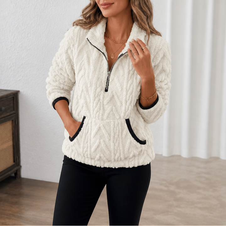 Thea ivory half-zip fleece pullover sweater, close-up front view