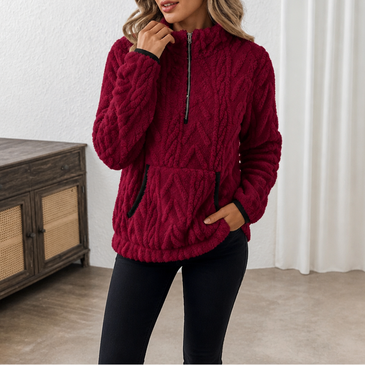 Thea ivory half-zip fleece pullover sweater, close-up front view