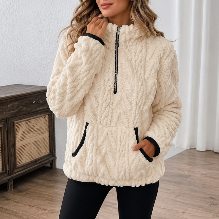 Thea ivory half-zip fleece pullover sweater, close-up front view