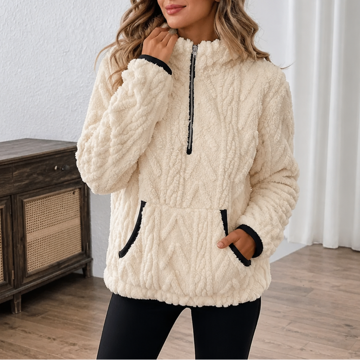 Thea ivory half-zip fleece pullover sweater, close-up front view