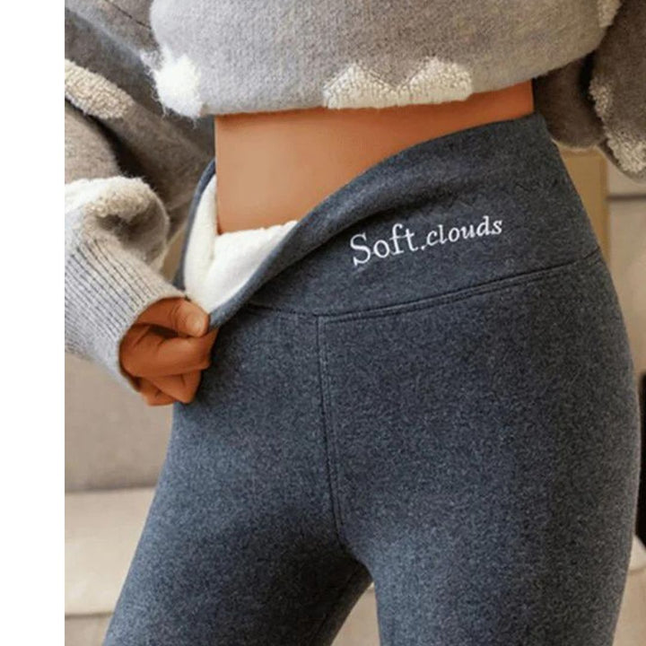 Wilhelmina fleece lined leggings with soft interior detail, side view