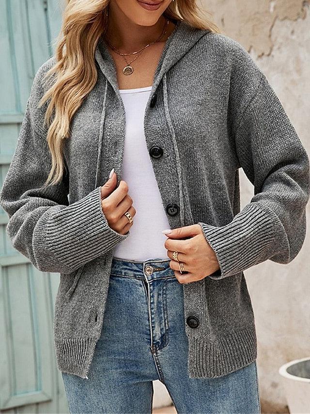 Harlow hooded cardigan styled with jeans, front view