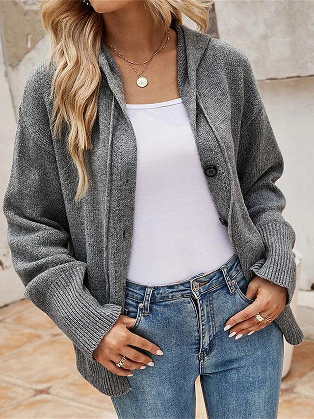 Harlow hooded cardigan with ribbed cuffs, front detail