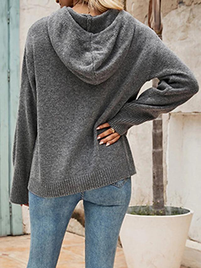 Harlow hooded cardigan, back view showing hood and silhouette
