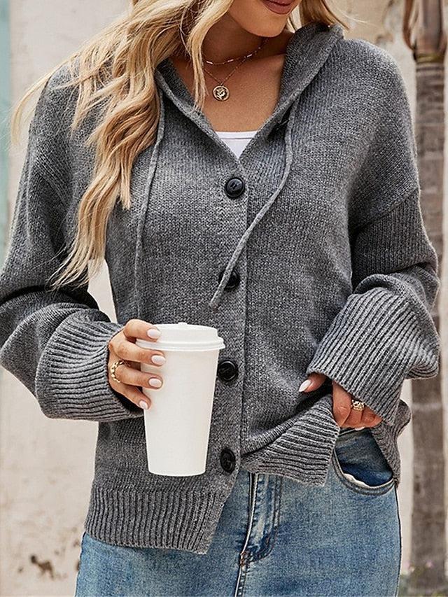 Harlow hooded cardigan, back view showing hood and silhouette