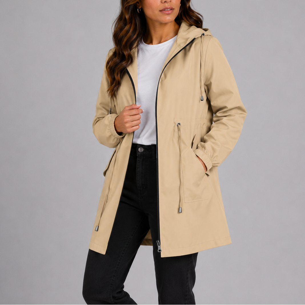 Wilhelmina beige hooded rain coat with drawstring waist, front view
