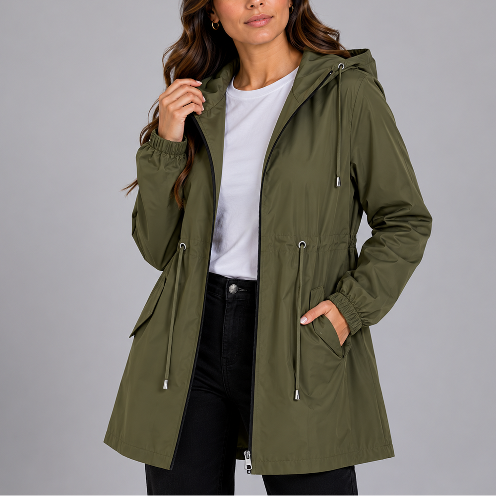 Wilhelmina green hooded rain coat, close-up front view