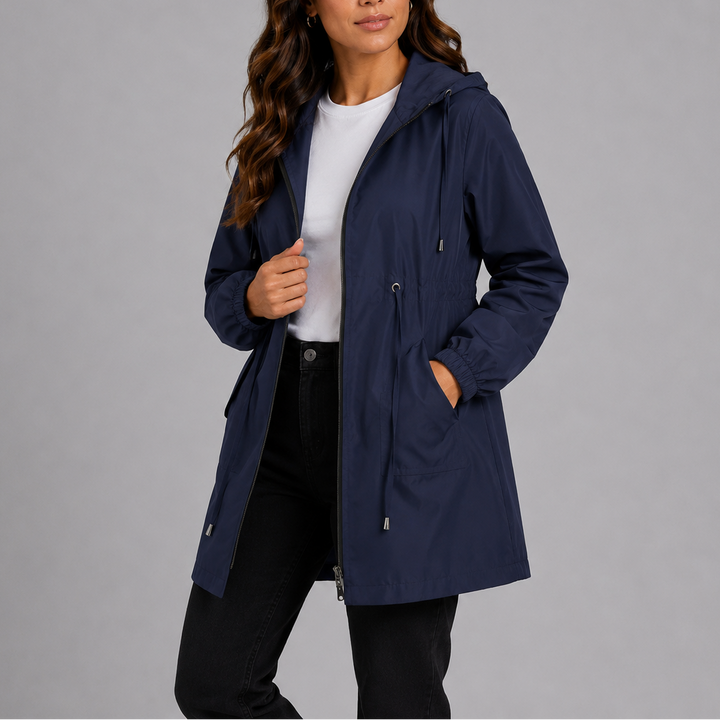 Wilhelmina navy hooded rain coat, side view