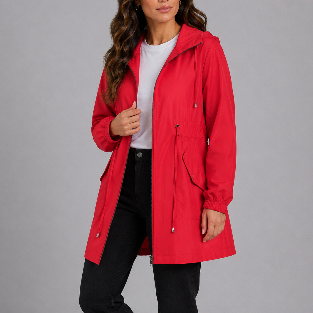 Wilhelmina red hooded rain coat with pocket detail, front view