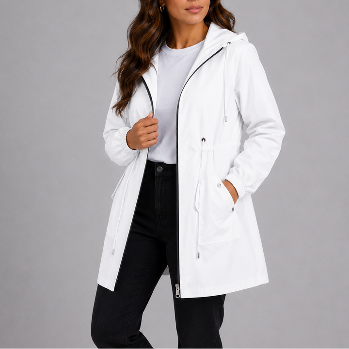 Wilhelmina red hooded rain coat with pocket detail, front view