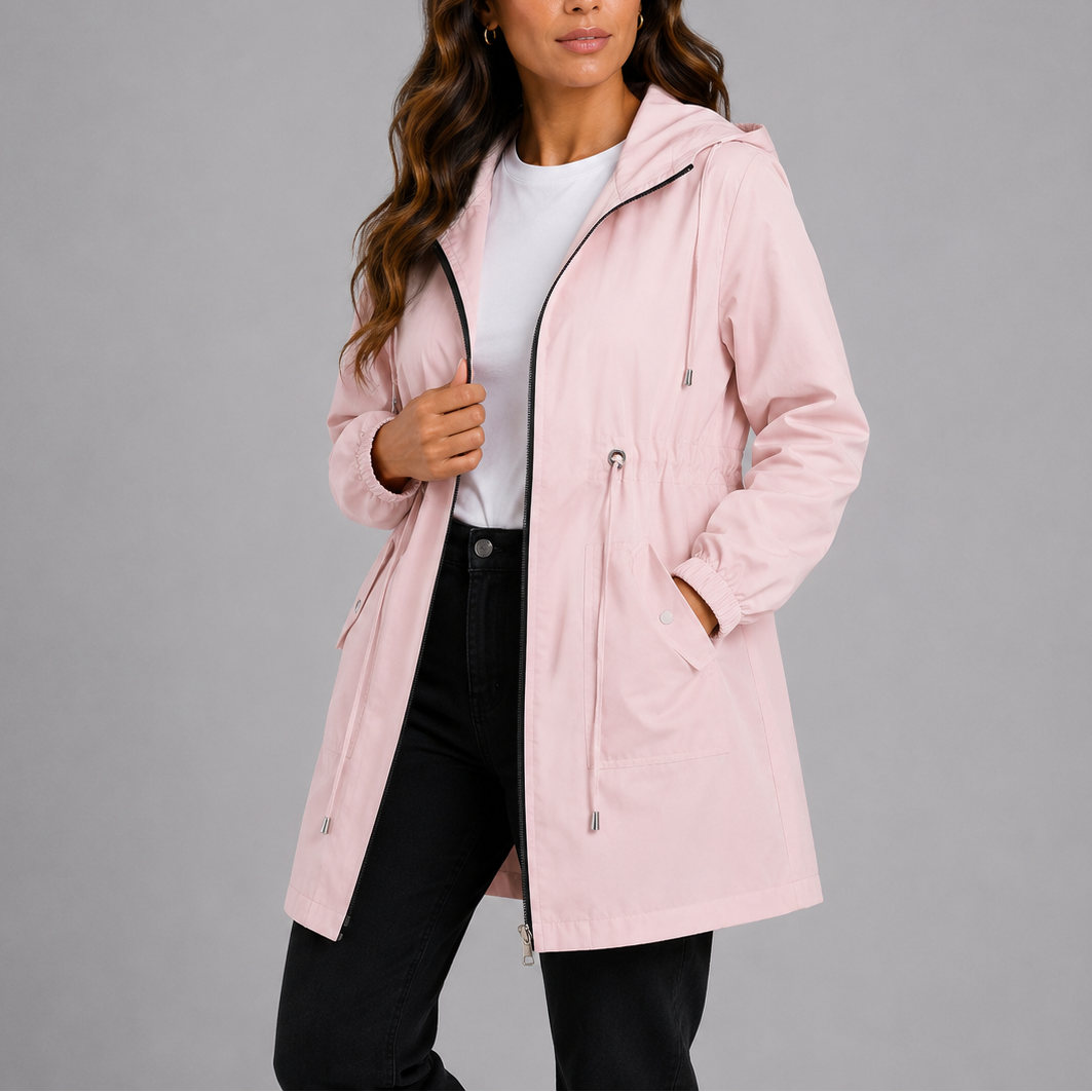 Wilhelmina red hooded rain coat with pocket detail, front view