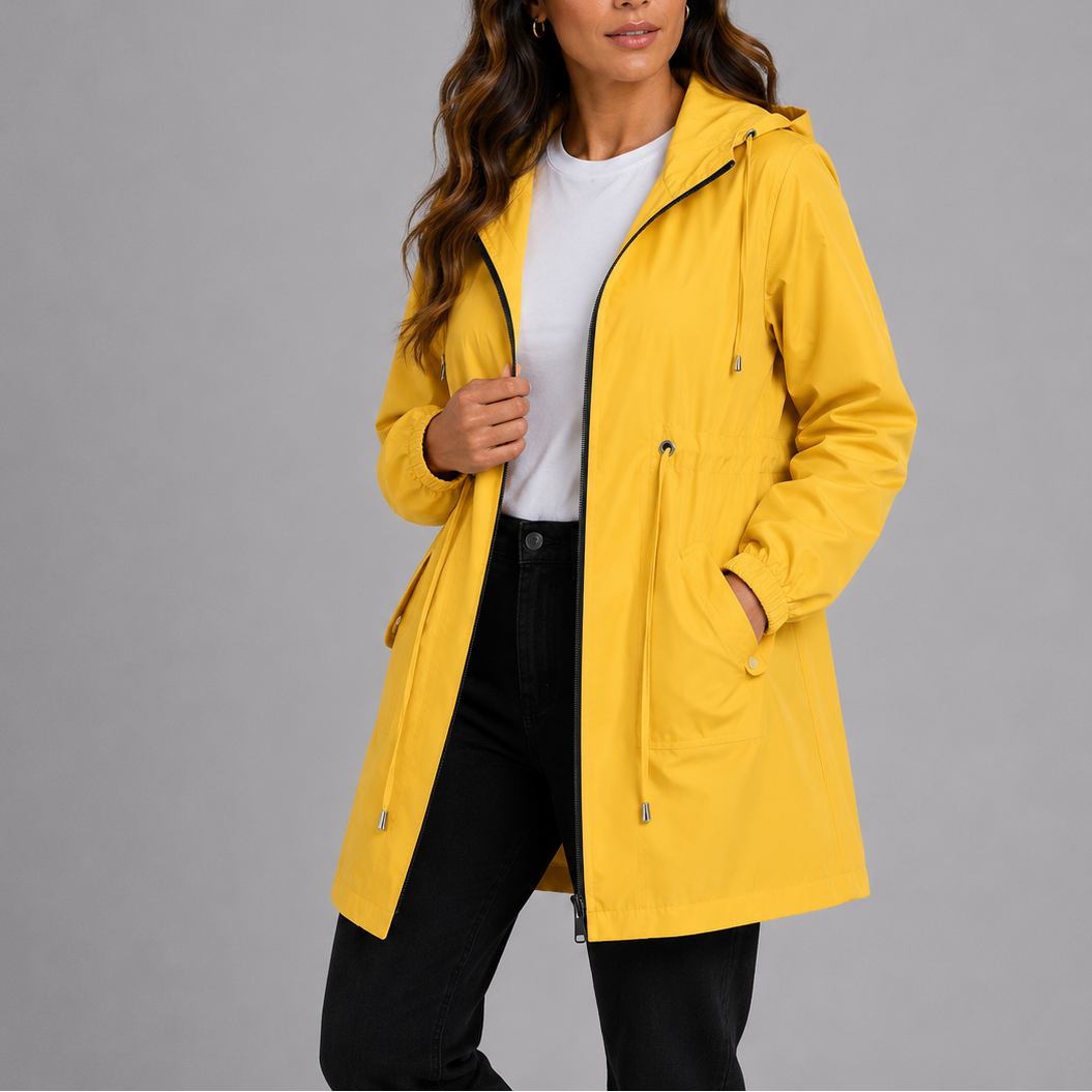 Wilhelmina red hooded rain coat with pocket detail, front view