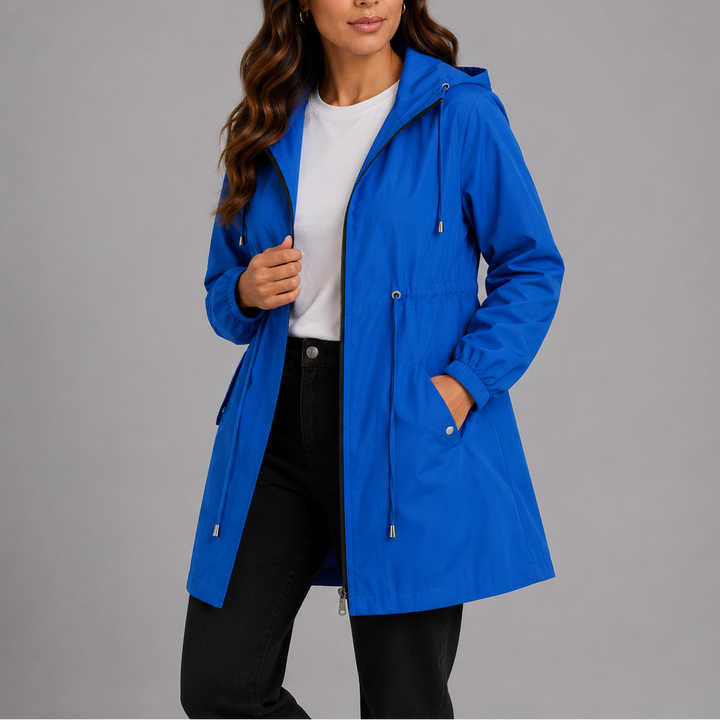 Wilhelmina red hooded rain coat with pocket detail, front view