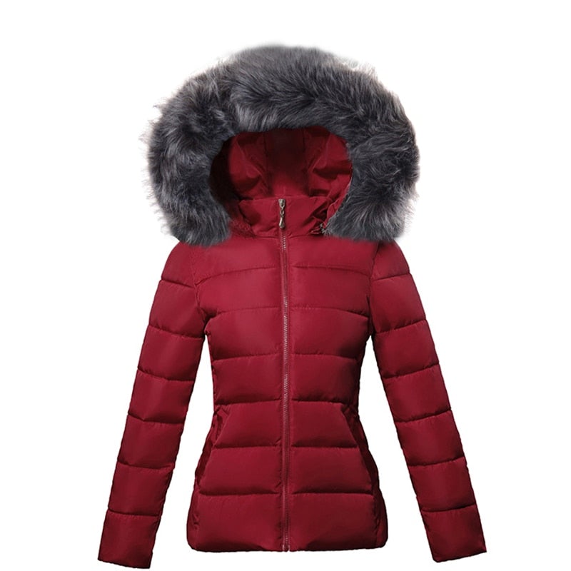 Rosalyn faux fur hooded puffer jacket in red, front view