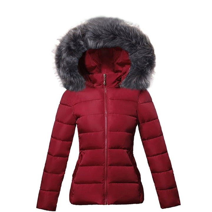 Rosalyn faux fur hooded puffer jacket in red, front view