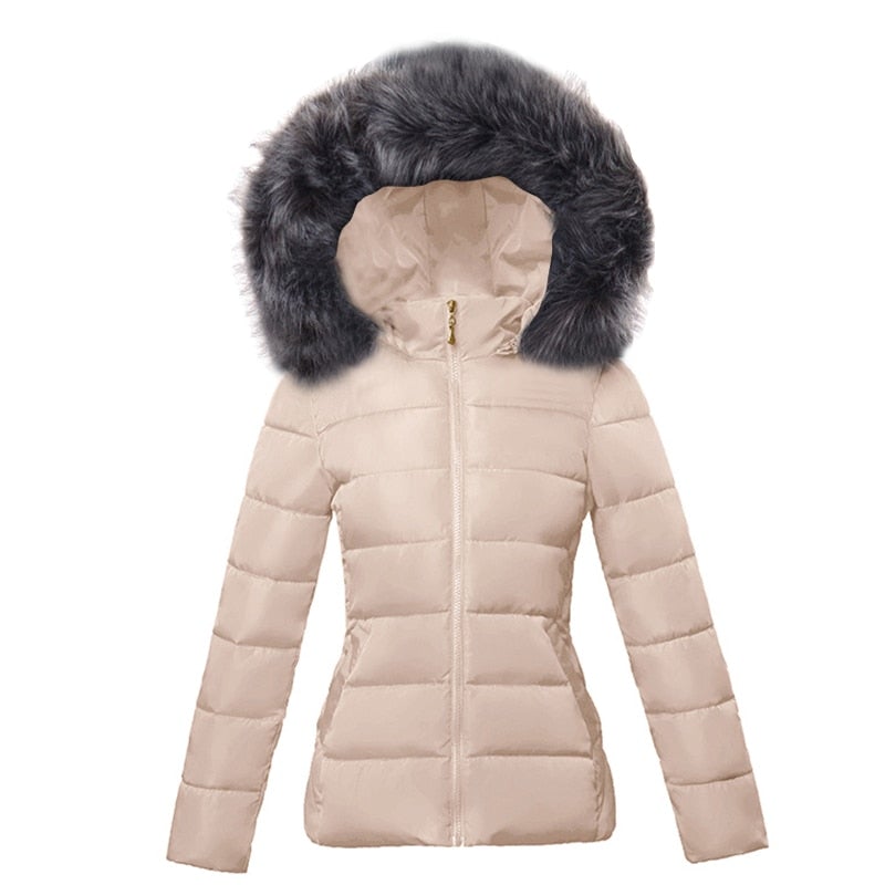Rosalyn faux fur hooded puffer jacket in beige, front view