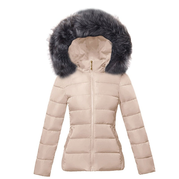 Rosalyn faux fur hooded puffer jacket in beige, front view