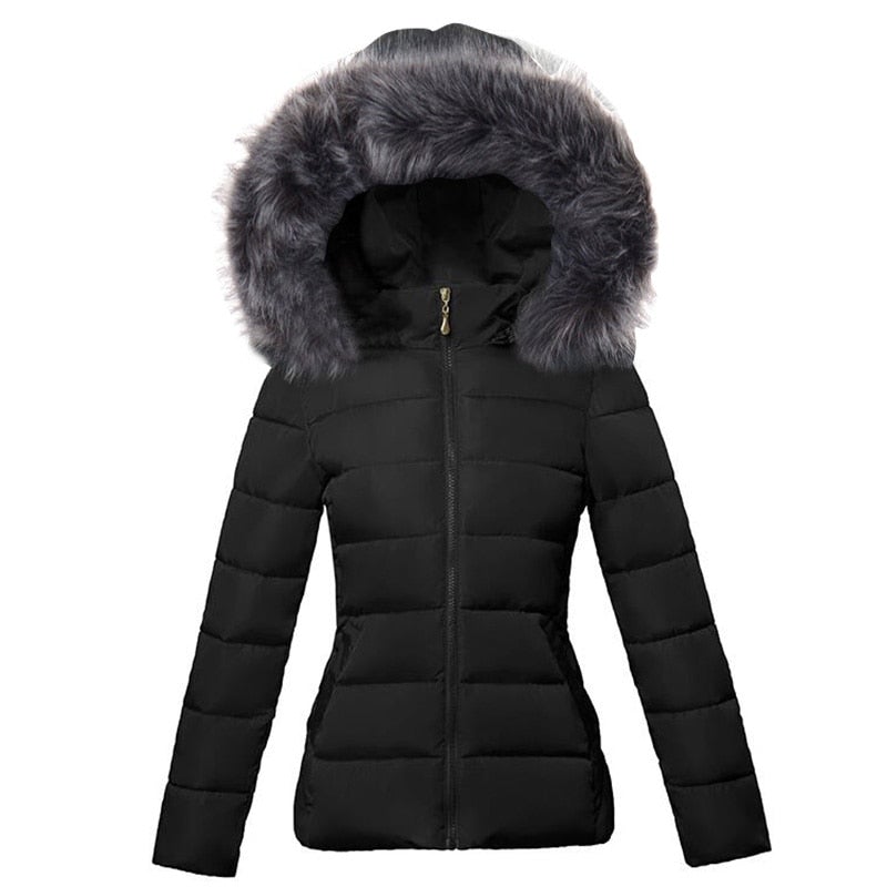Rosalyn faux fur hooded puffer jacket in black, front view
