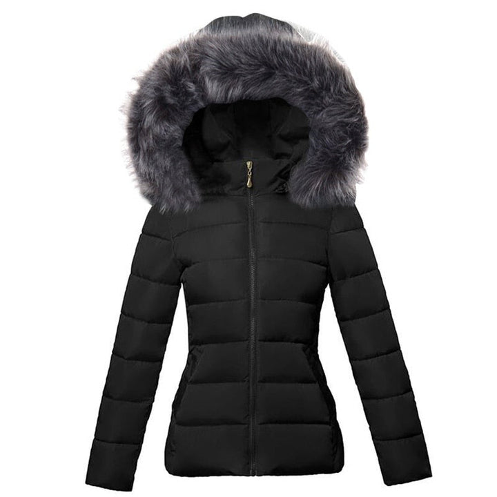 Rosalyn faux fur hooded puffer jacket in black, front view