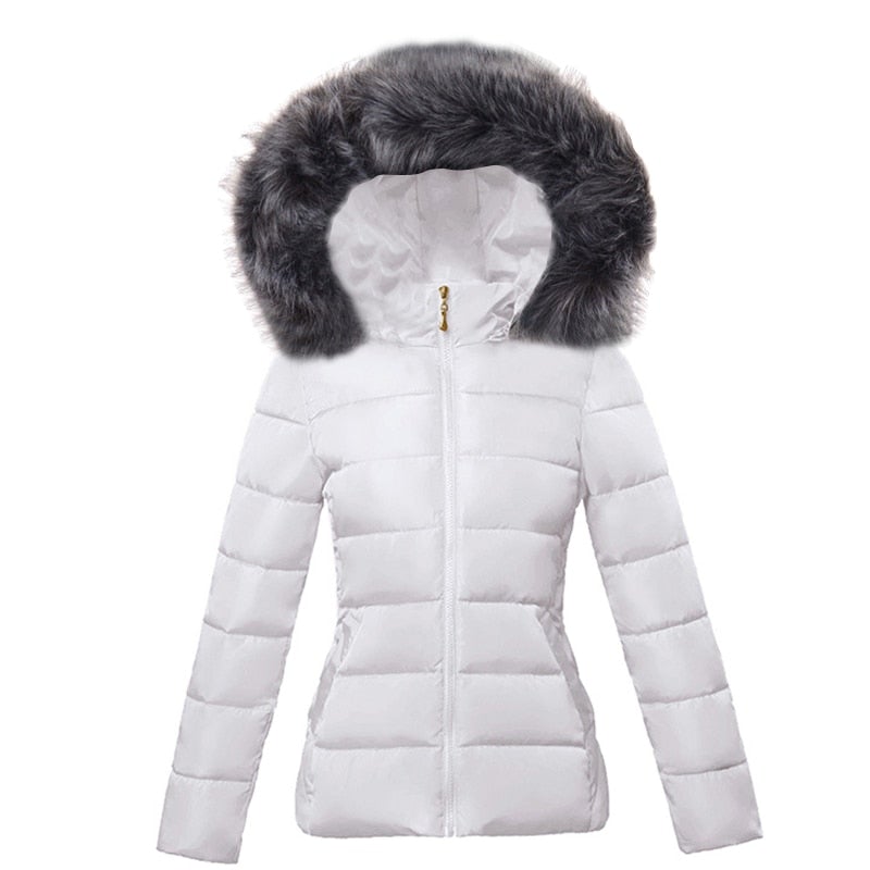 Rosalyn faux fur hooded puffer jacket in white, front view