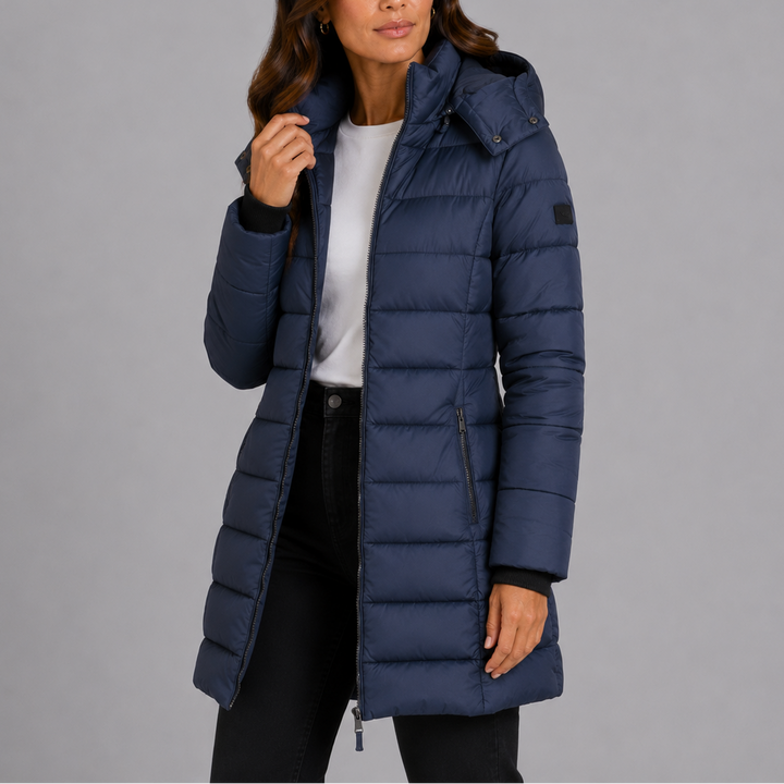 Isolde navy hooded puffer jacket, front view with hood down