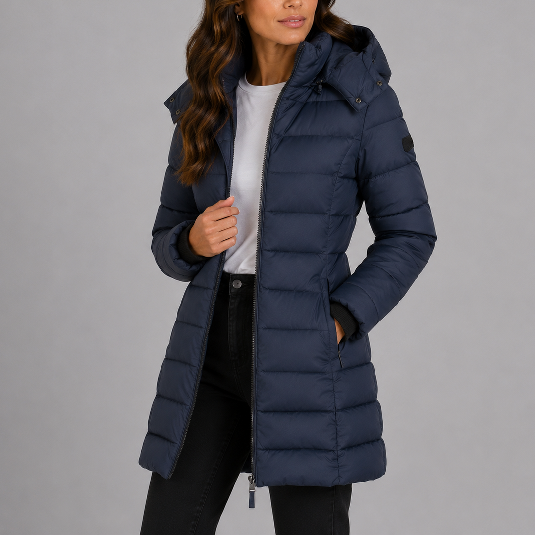 Isolde navy hooded puffer jacket, close-up front view