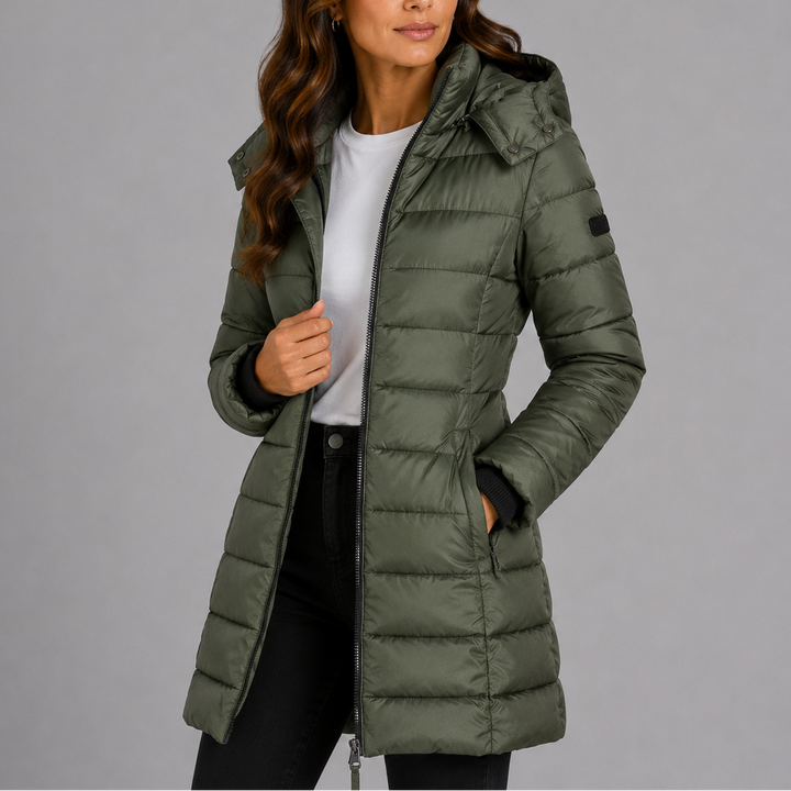 Isolde yellow hooded puffer jacket, front detail view