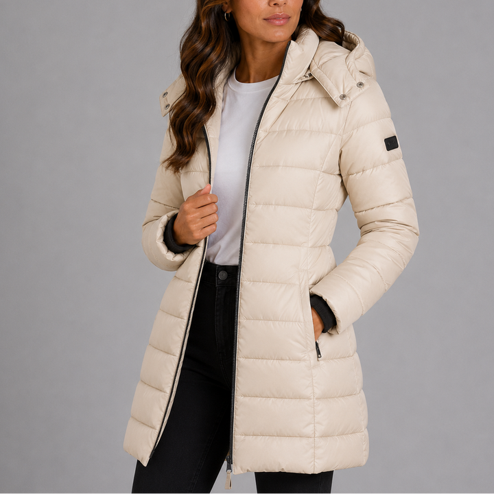 Isolde yellow hooded puffer jacket, front detail view