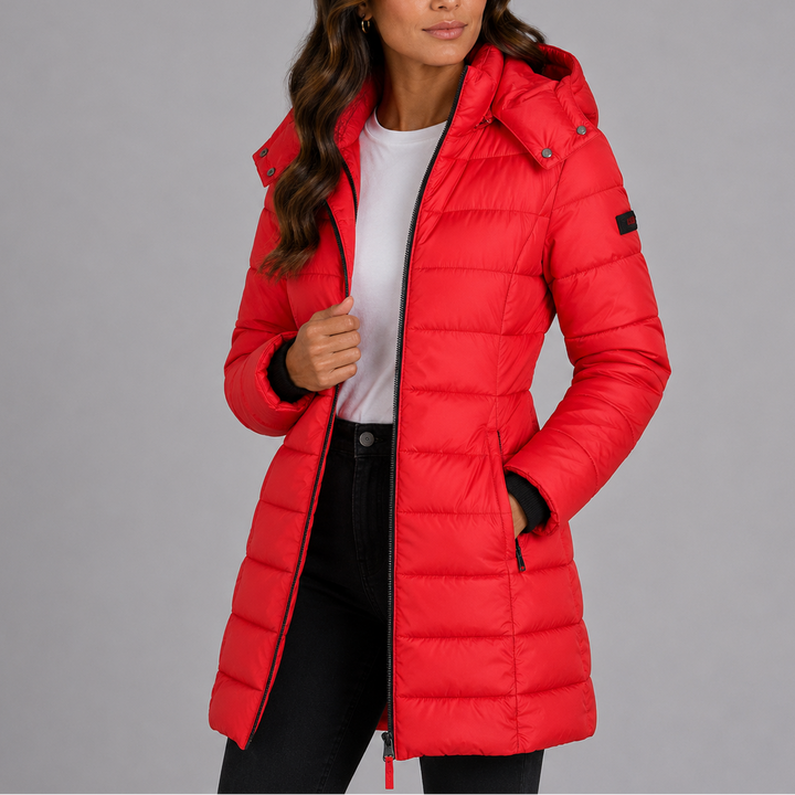 Isolde yellow hooded puffer jacket, front detail view