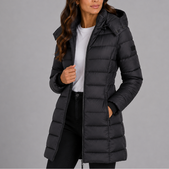 Isolde yellow hooded puffer jacket, front detail view