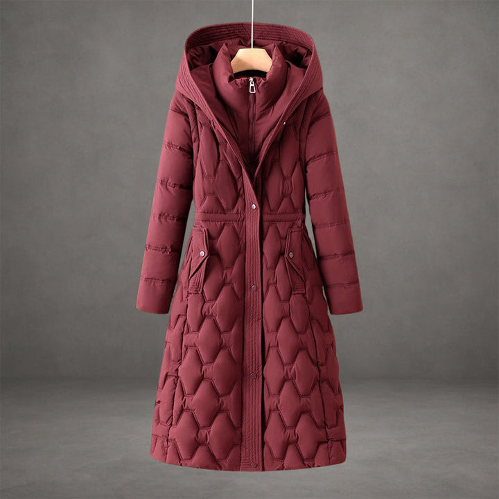 Rosalind hooded longline down coat in red, front view