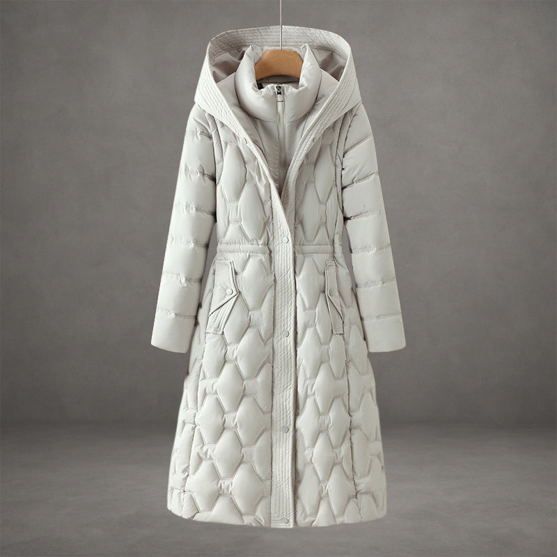 Rosalind hooded longline down coat in white, front view