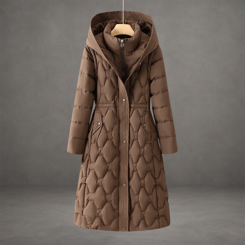 Rosalind hooded longline down coat in brown, front view