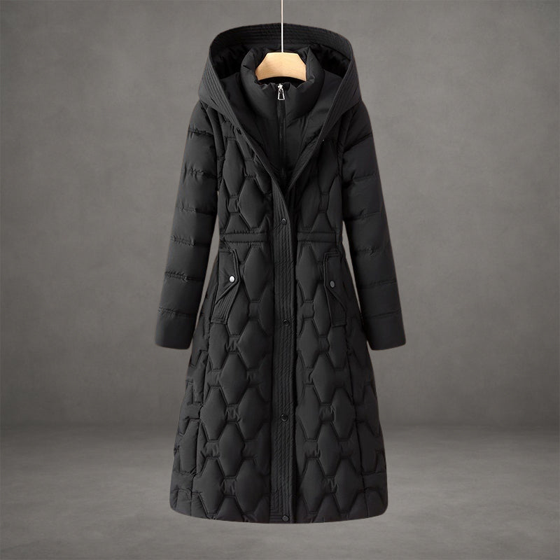 Rosalind hooded longline down coat in black, front view