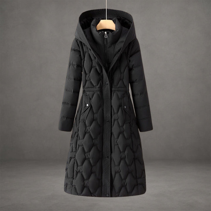 Rosalind hooded longline down coat in black, front view