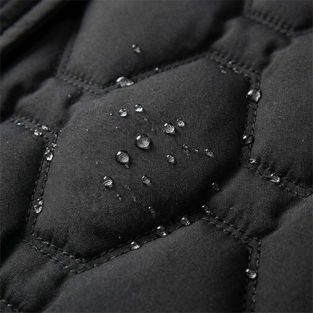 Rosalind hooded longline down coat in black, front view