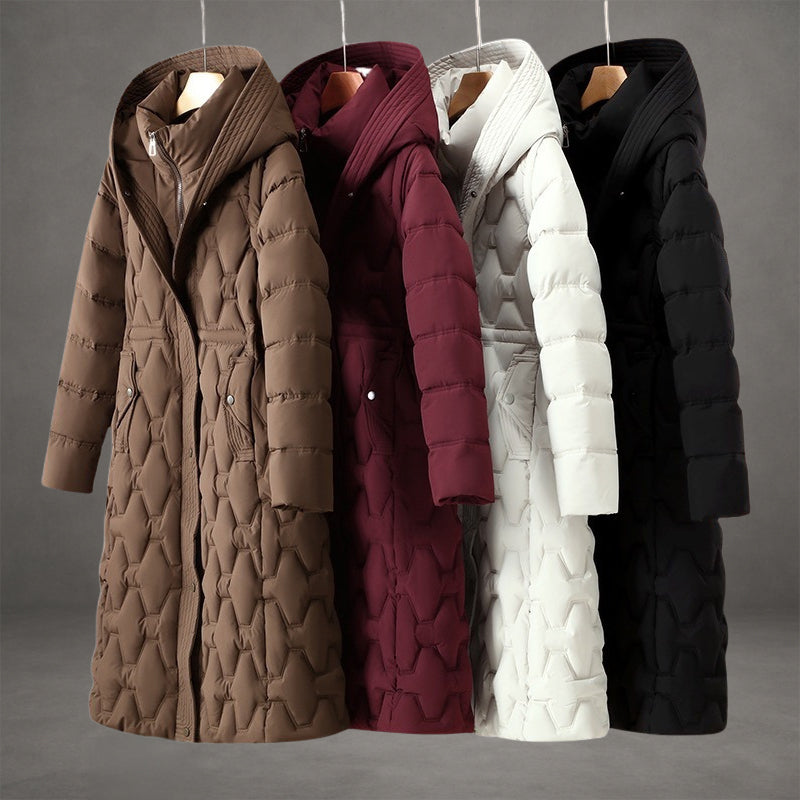 Rosalind hooded longline down coat in black, front view