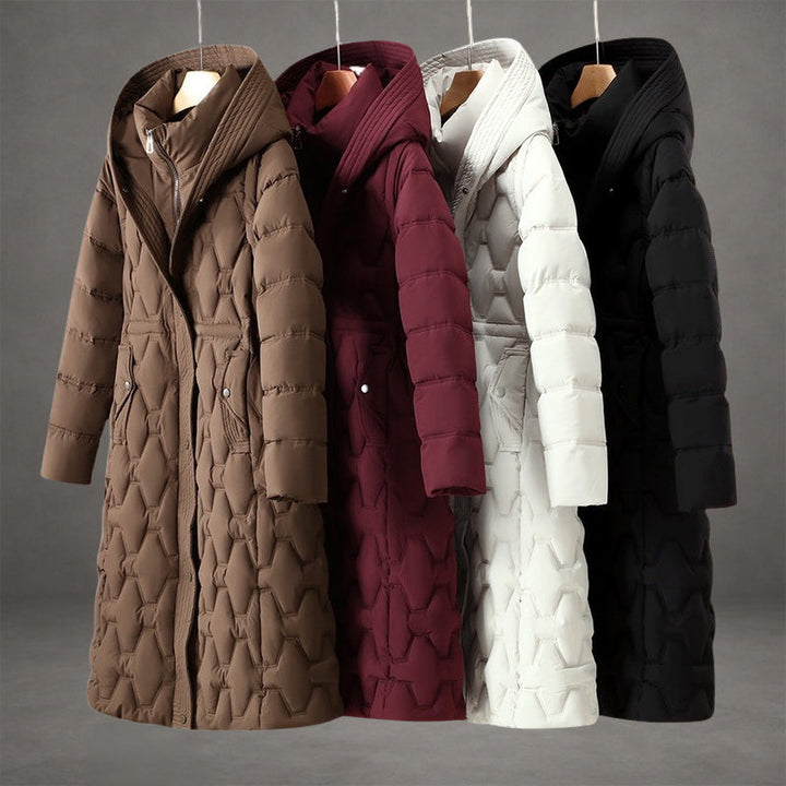 Rosalind hooded longline down coat in black, front view