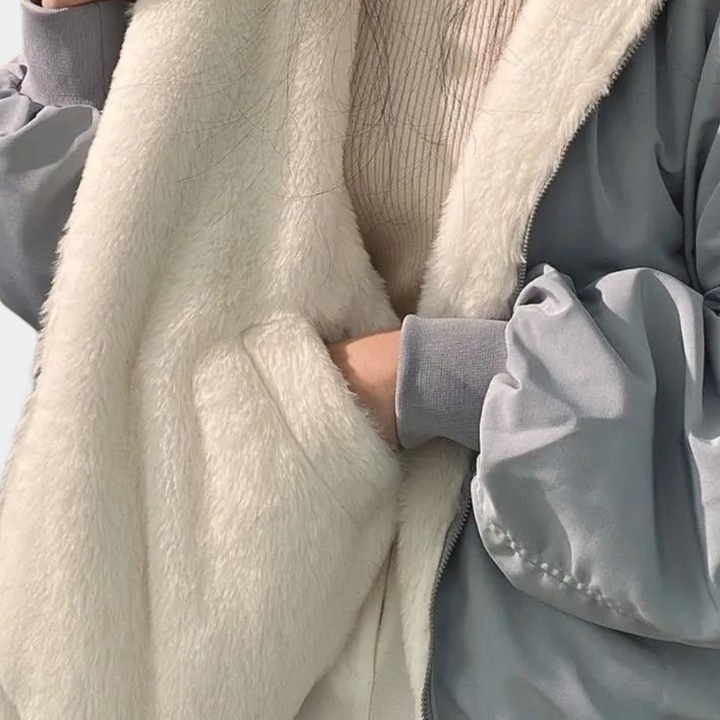 Céleste hooded oversized puffer jacket in grey, back view with hood