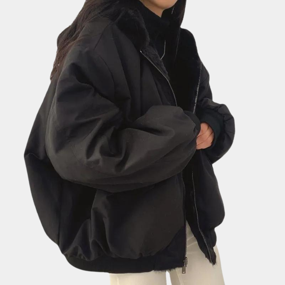 Céleste hooded oversized puffer jacket in grey, back view with hood
