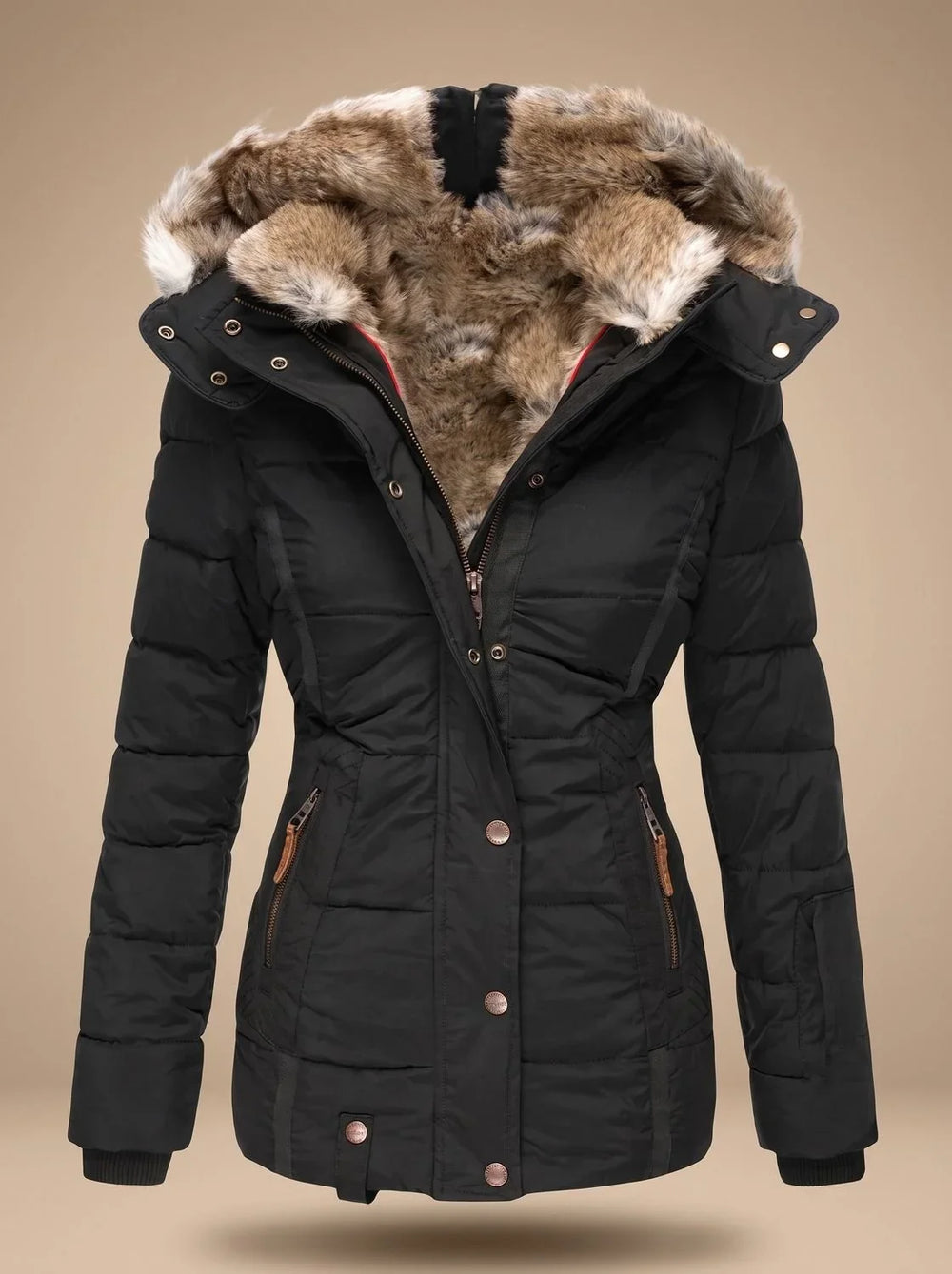 Perpetua hooded quilted puffer coat in black, front view with faux-fur hood