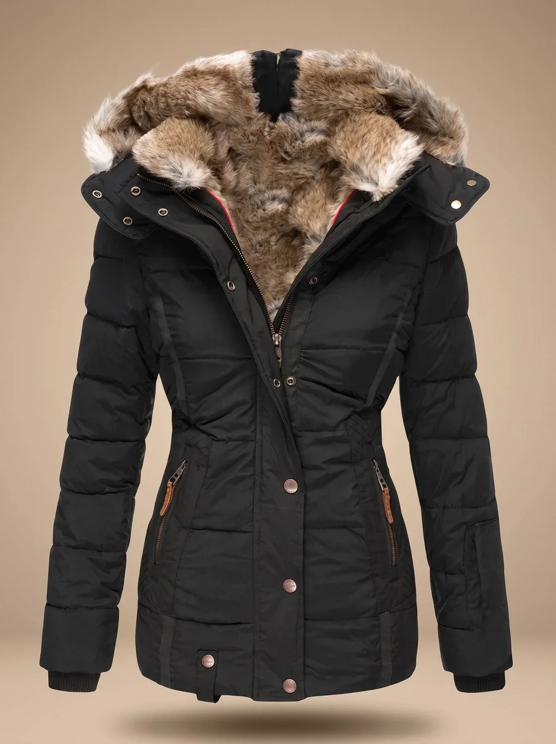 Perpetua hooded quilted puffer coat in black, front view with faux-fur hood