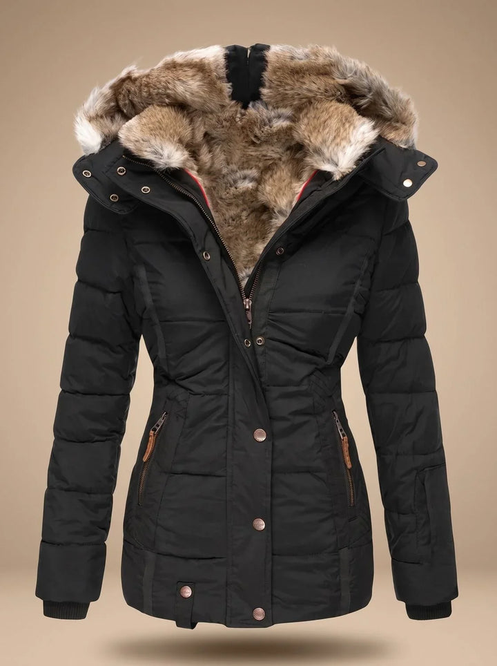 Perpetua hooded quilted puffer coat in black, front view with faux-fur hood