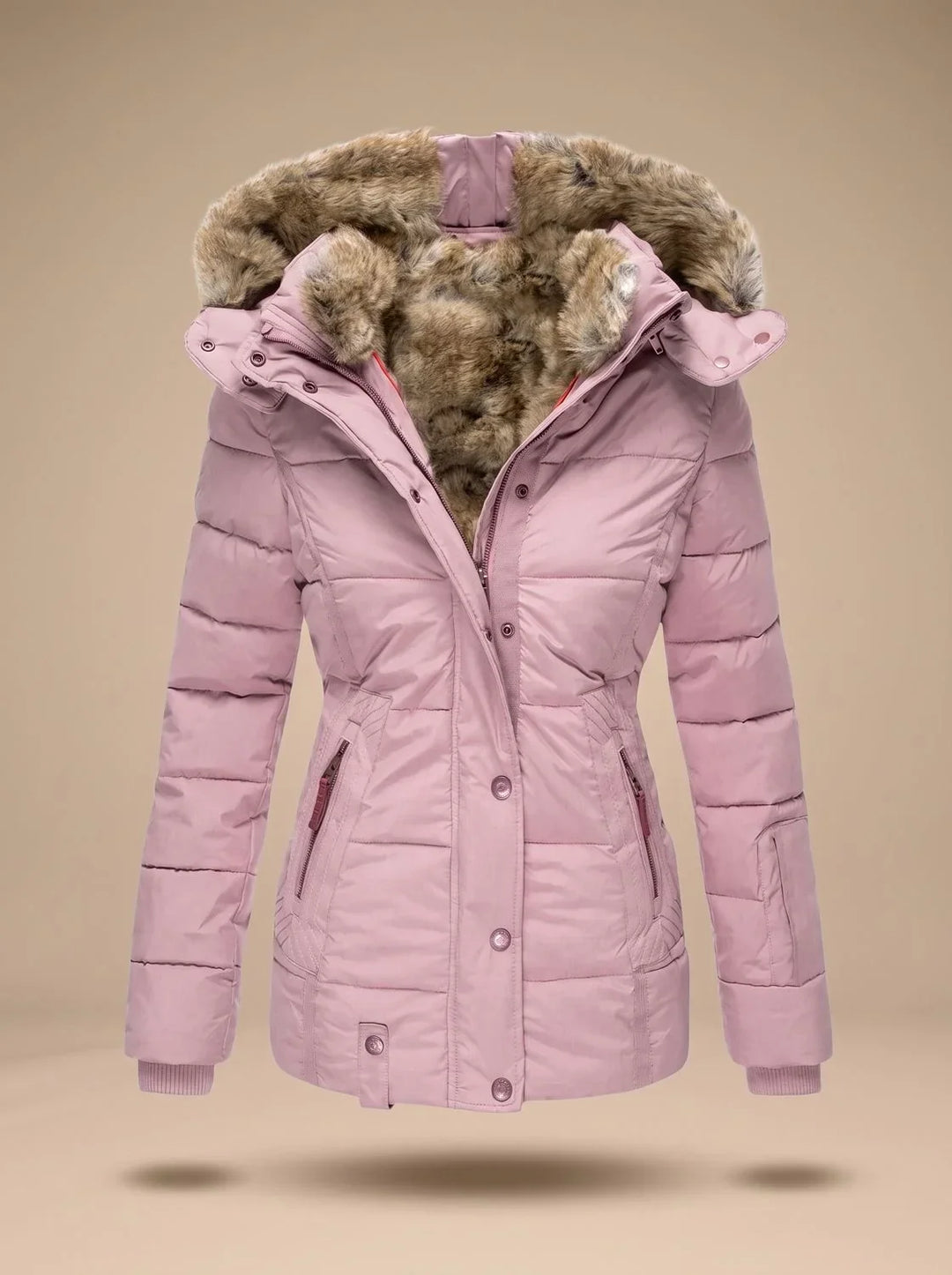 Perpetua hooded quilted puffer coat in pink, front view with faux-fur hood