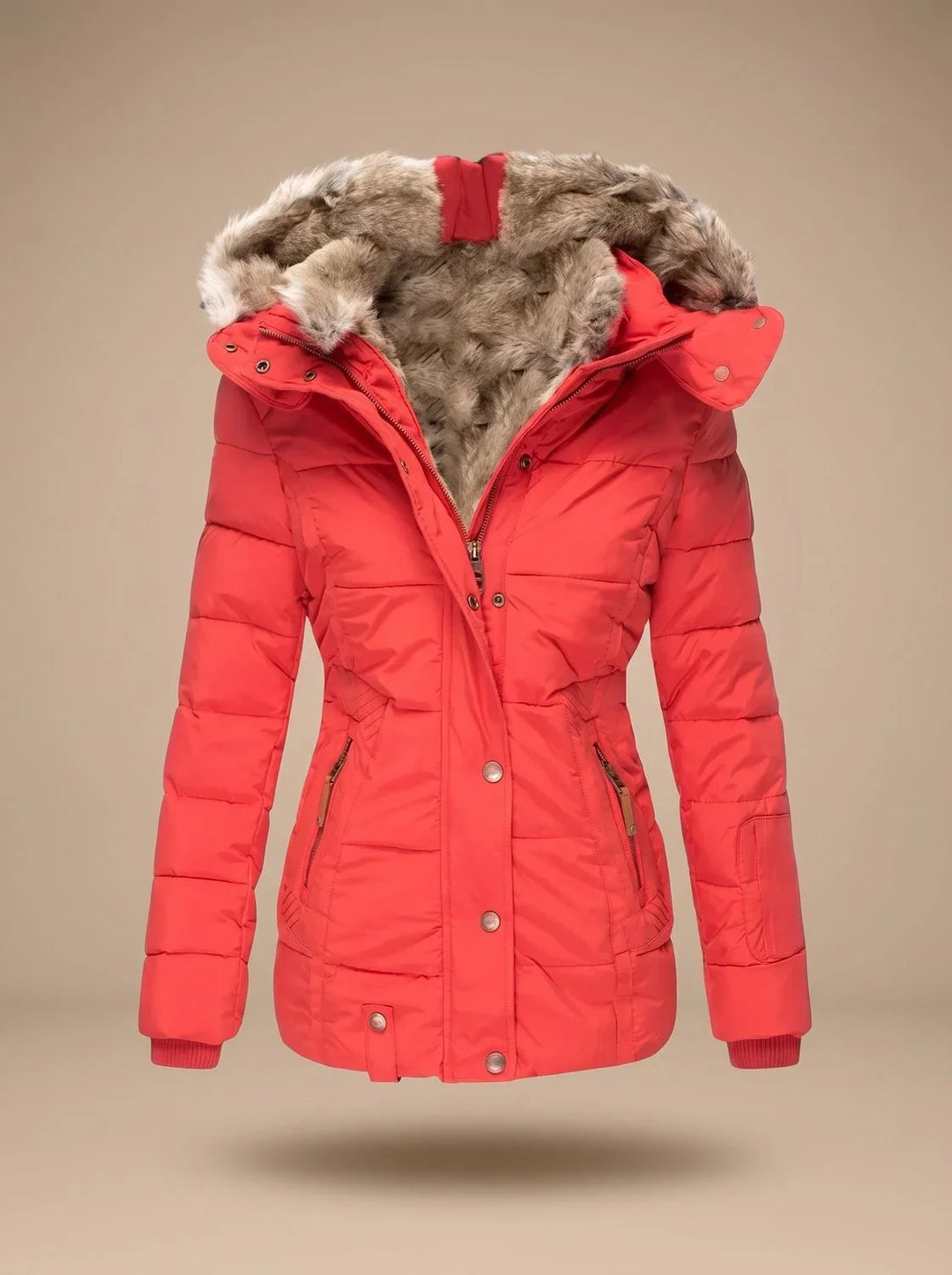 Perpetua hooded quilted puffer coat in navy blue, front view with faux-fur hood