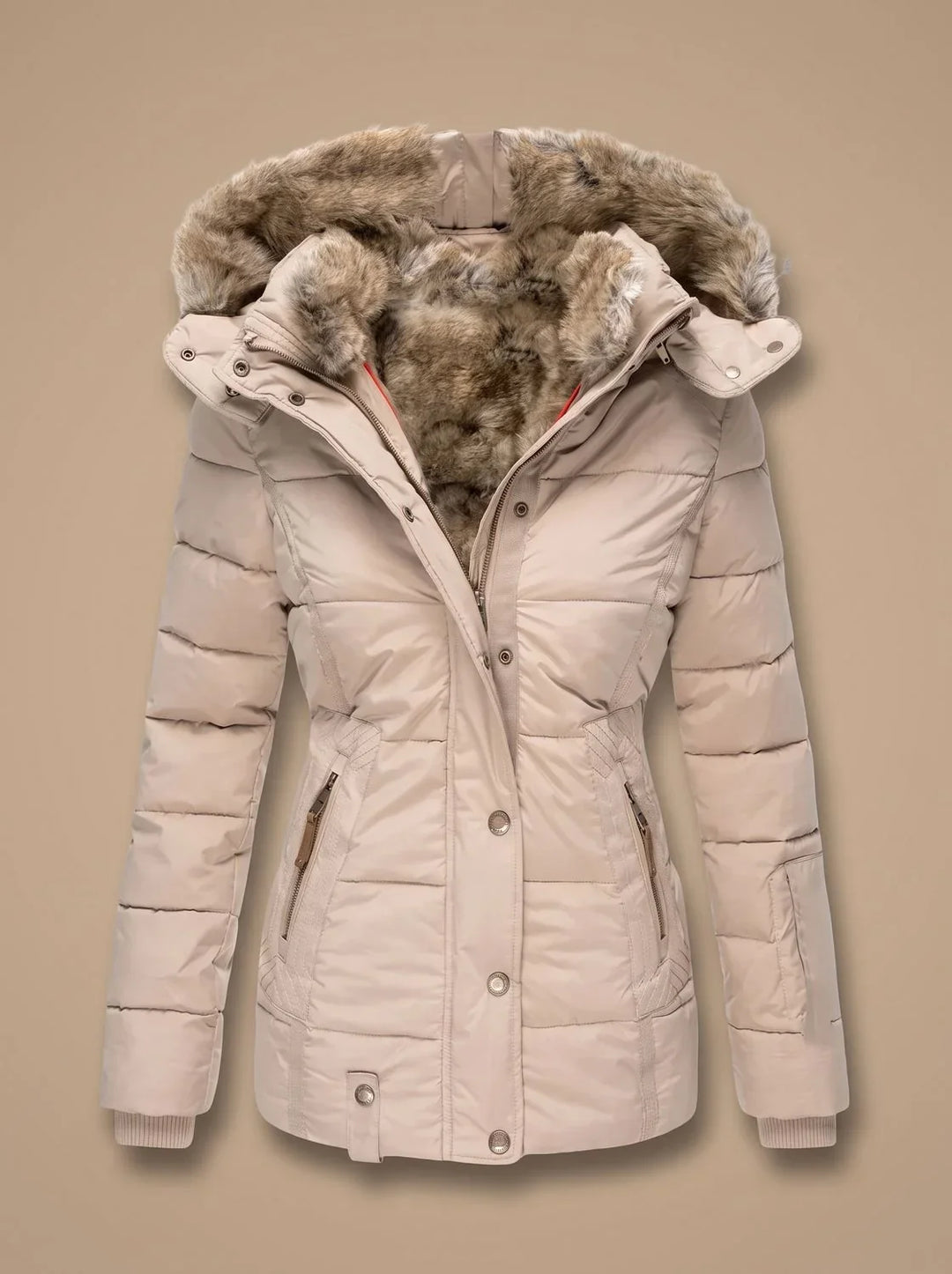 Perpetua hooded quilted puffer coat in navy blue, front view with faux-fur hood